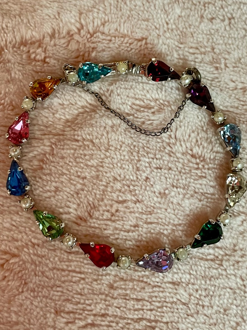 Vintage B. David rhinestone and faux pearl multi-color bracelet